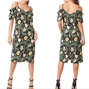 CLUB MONACO GRACELLA OFF THE SHOULDER MIDI DRESS FLORAL FLOWER PINK GREEN YELLOW